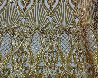 Gold Holographic Sequin Fabric, Selena Damask 4-Way Stretch Lace Mesh, Gown Fabric