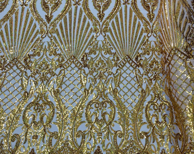 2 Yards Gold Holographic Sequin Fabric, Selena Damask Design on a 4 Way Stretch Sequin Lace Mesh - Prom Gala Gown Fabric