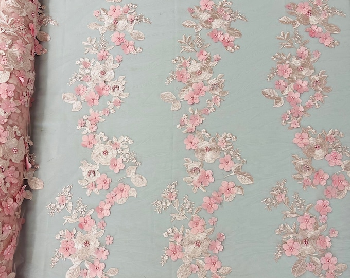 Mia Fabrics Inc, Blush Pink 3D Floral-Flower With Pearl, Bridal Lace 3D Flower Wedding Lace by the Yard (Pick a Size)