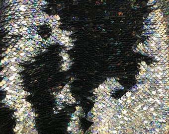 Flip Up Sequins Fabric: Hologram Silver/Black Reversible 2-Way Stretch