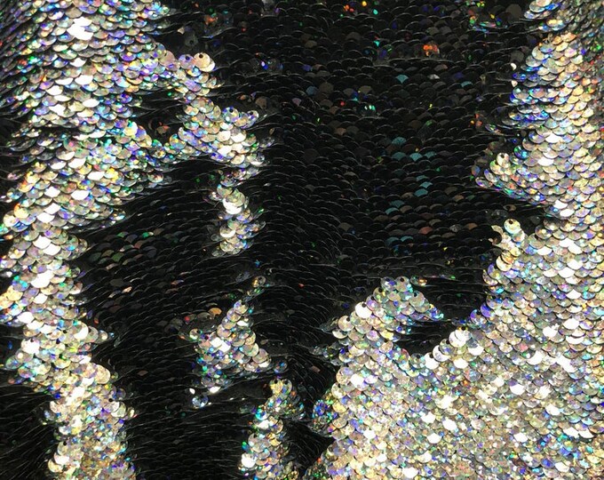 Hologram Silver/Black Flip Up Sequins Reversible, 2-Way Stretch 58/60” Sequins Fabric Dresses-Nightgowns-Prom Gown (Choose The Quantity)