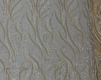 Embroidered Beaded Lace Fabric, Floral Bridal Mesh, Clear Sequins
