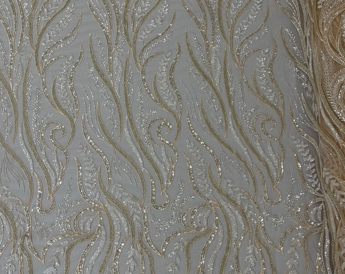 Clear Beaded Fabric by the yard, Embroidered With Beaded Sequin on Nude Mesh, Floral Bridal Lace Fabric (Pick a size )