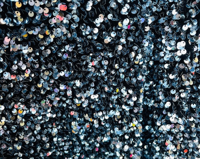 Silver Sequin on Black Stretch Velvet With Luxury Sequins all Over 5mm Shining Sequins 2-way Stretch 58/60” (Choose The Size)