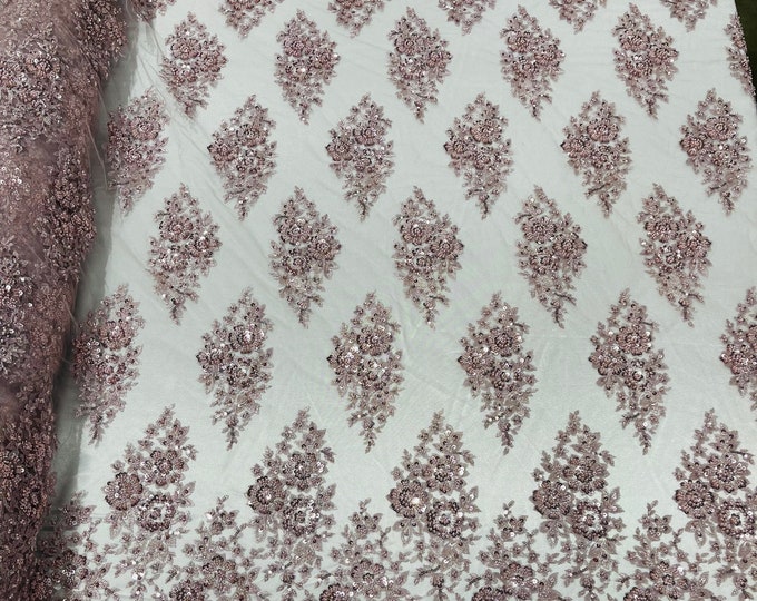 Rose Floral Cluster Beaded Fabric - Sold By The Yard - Embroidered Flower Beaded Fabric Wedding Bridal