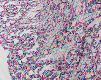 Multi Color Sequin Fabric 4Way Stretch Mesh, Damask Design With Confetti Sequins Lace Prom