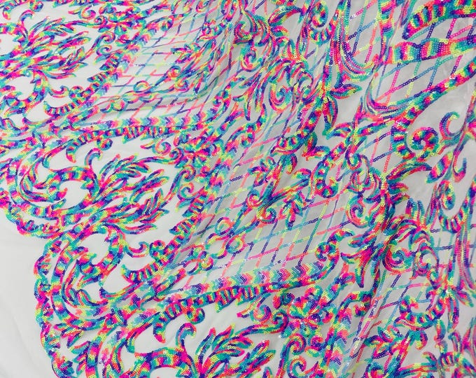 Multi Color Sequin Fabric 4Way Stretch Mesh, Damask Design With Confetti Sequins Lace Prom