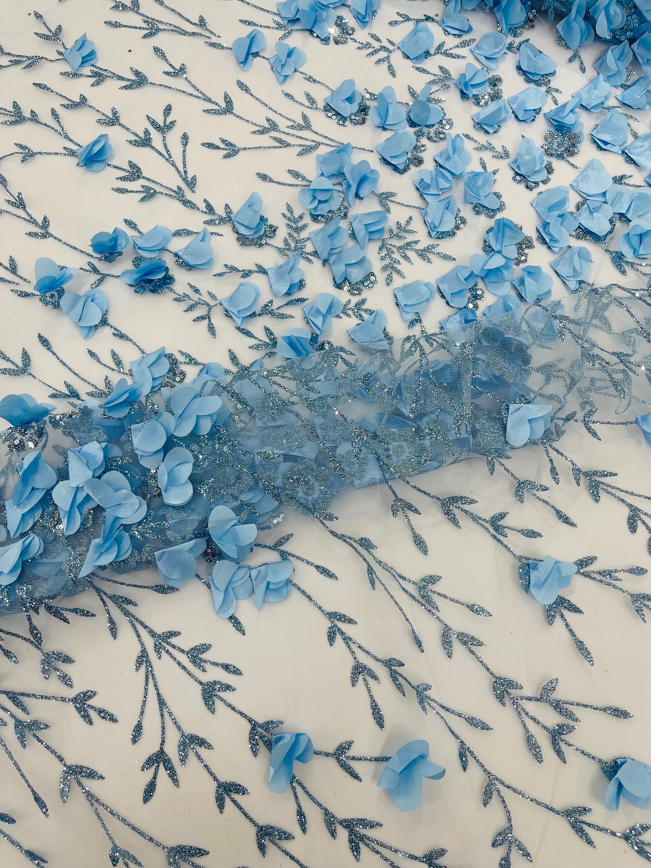 Baby Blue 3D Flower Sequin Fabric, Glitter Floral Mesh, Wedding Dress ...