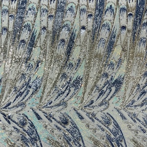Blue | Aqua Iridescent | Silver Sequins - Olivia Design 4 Way Stretch Sequin Fabric on a Mesh Sequin Multi Color-Prom-Gown By The Yard
