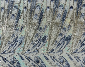 Blue Iridescent Sequin Fabric: 4-Way Stretch Mesh, Prom Gown Material