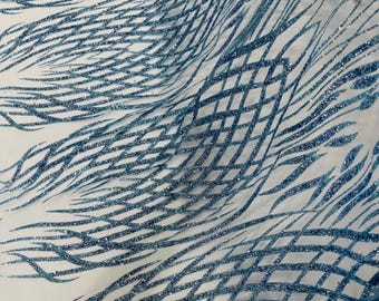 Baby Blue Glitter Fabric on a Mesh By The Yard, Glitters Damask Fashion Design, Glitter Sequin on Mesh Fabric, Sparkle Glitter Prom-Dress