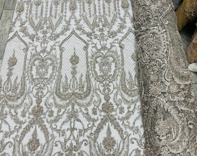 Silver Beaded Fabric - by yard - Embroidered Damask Pattern With Pearls and Beads on Mesh Lace Fabric Wedding