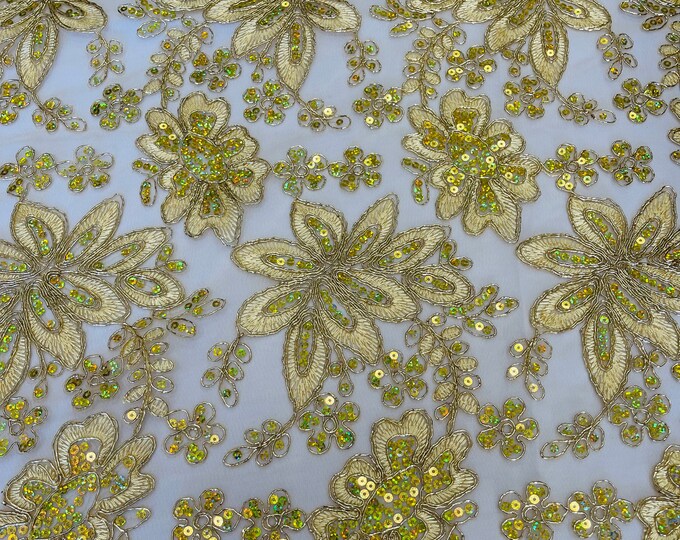 Gold Holographic With Metallic Thread Flower Design Embroidered With Sequins Mesh Lace Fabric Floral  by the Yard (Pick a Size)