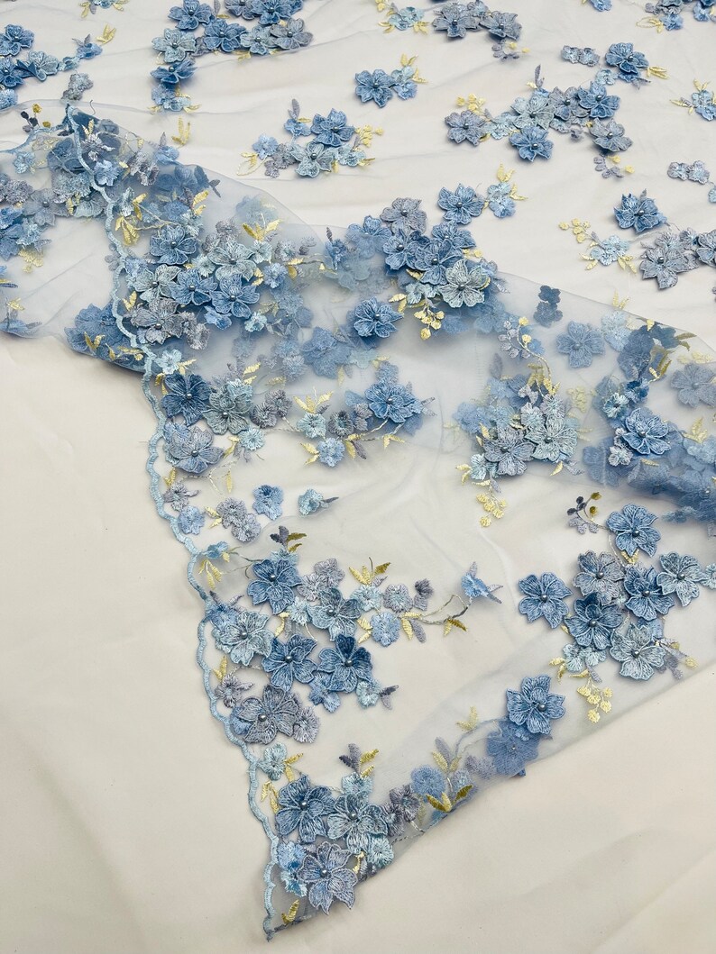 Baby Blue 3D Floral Lace Fabric With Pearls - Bridal Wedding Lace - Etsy