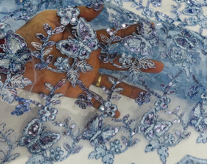 Baby Blue Metallic Corded Lace Small Butterfly by Yard, Metallic Thread Butterfly Design Embroidered With Sequin on a Mesh Lace Fabric