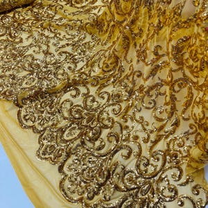Gold Sequins Fabric | by the yard | 4 Way Stretch Mesh | Embroidered King Damask Design With Sequin Lace Prom-Gown