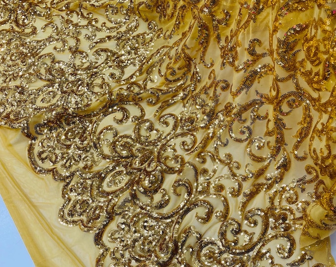 Gold Sequins Fabric | by the yard | 4 Way Stretch Mesh | Embroidered King Damask Design With Sequin Lace Prom-Gown