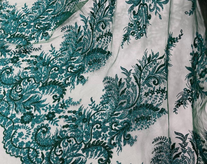 Hunter Green Rhinestones Glitter Fabric on a Mesh By The Yard | Quinceañera Design  Glitter Rhinestones on Mesh Fabric Prom Dress