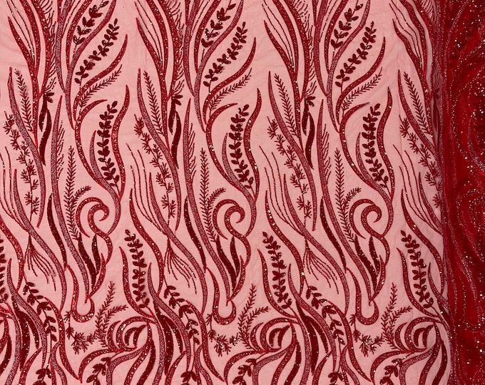 Red Beaded Fabric by the yard, Embroidered With Beaded Sequin on a Mesh, Floral Bridal Lace Fabric (Pick a size )