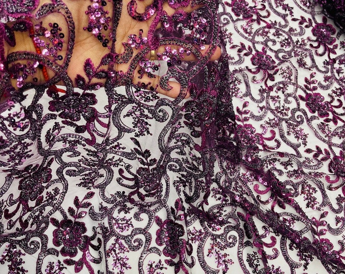 Eggplant Embroidery Beaded Fabric With Sequin on a Mesh, Eggplant Beaded Fabric Floral Bridal Lace Fabric by the yard