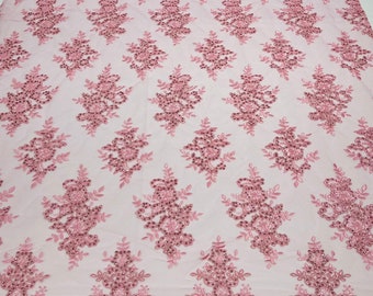 Candy Pink Floral Lace Fabric – Sequined Embroidery on Mesh, Bridal Gown