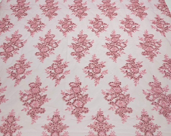 Candy Pink Floral Lace Fabric - by yard - Embroidery With Sequins on a Mesh Corded Lace Fabric, For Gown - Wedding - Bridal