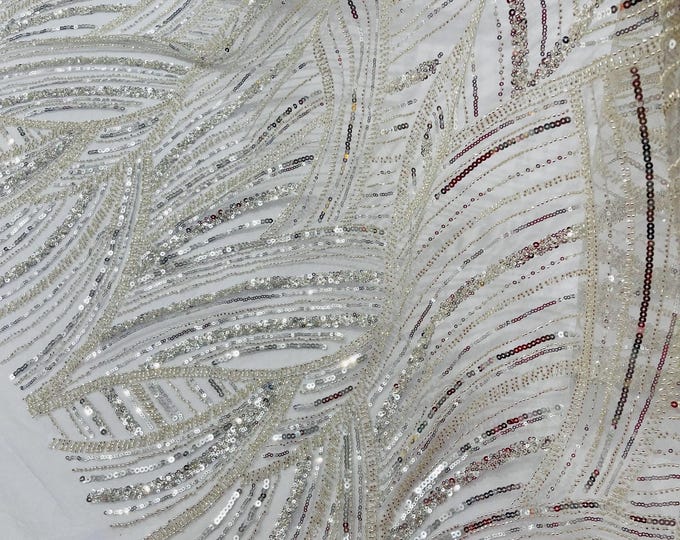 Silver Beaded Lace Fabric: Embroidered Mesh, Bridal Wedding Dress - Fashion Beaded