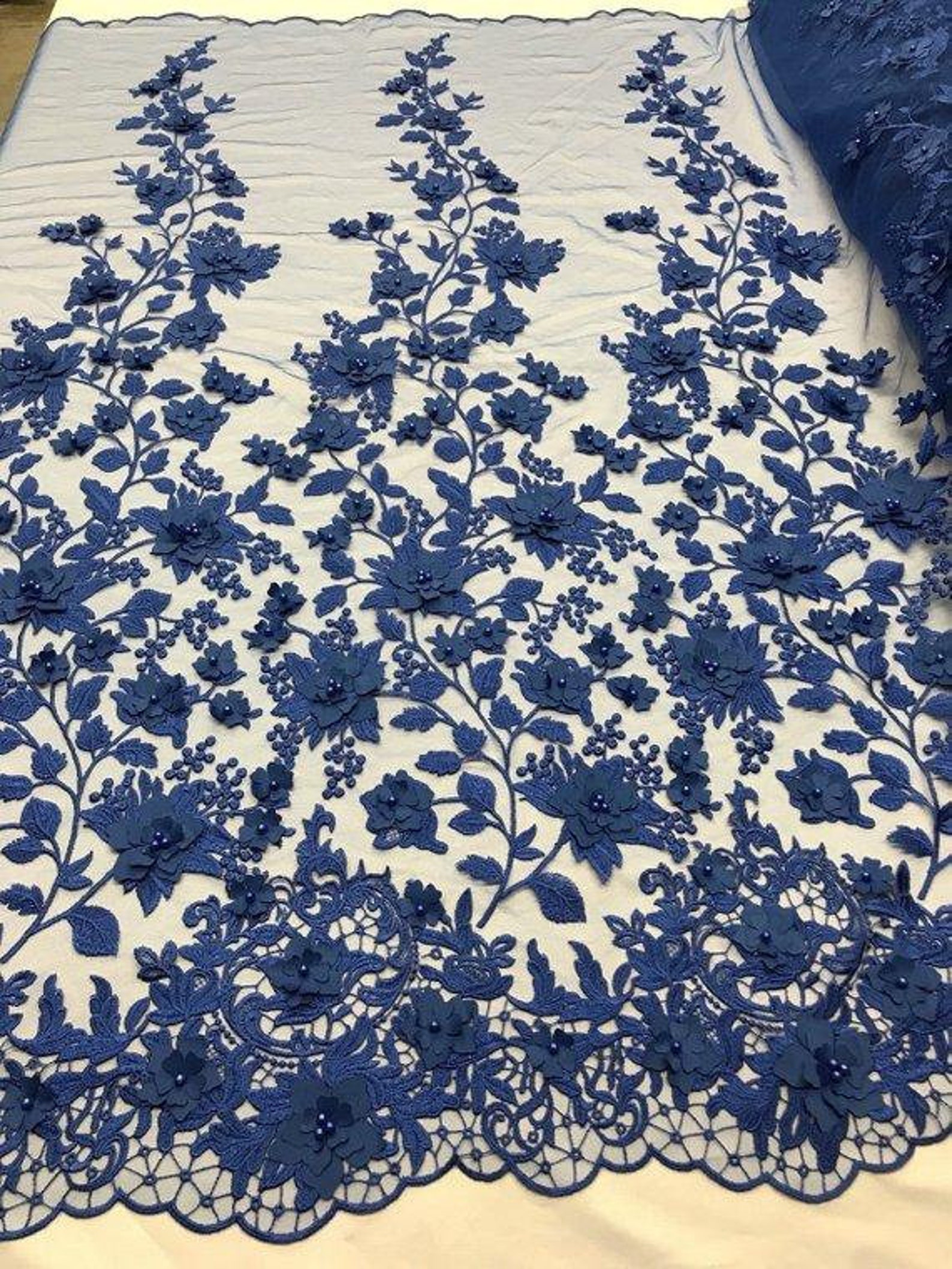 Royal Blue 3D Floral Embroidered Mesh Lace Fabric With Pearls - Etsy
