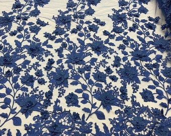 Royal Blue 3D Floral Design Embroider and Beaded With Pearls On a Mesh Lace-Prom-Dresses-Nightgown-Apparel-Fashion By The Yard