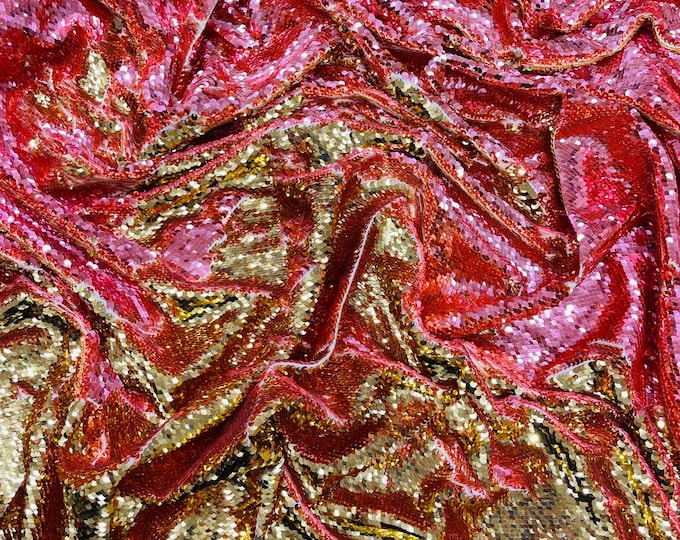 Gold/Coral Sequins Fabric: 2-Way Stretch Flip-Up Reversible Sequin