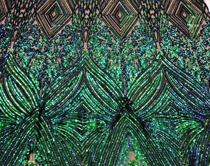 Iridescent Green Sequins 4 Way Stretch Geometric Sequins - Nova Design Triangular Fabric for Prom Gala Gown Sold By The Yard