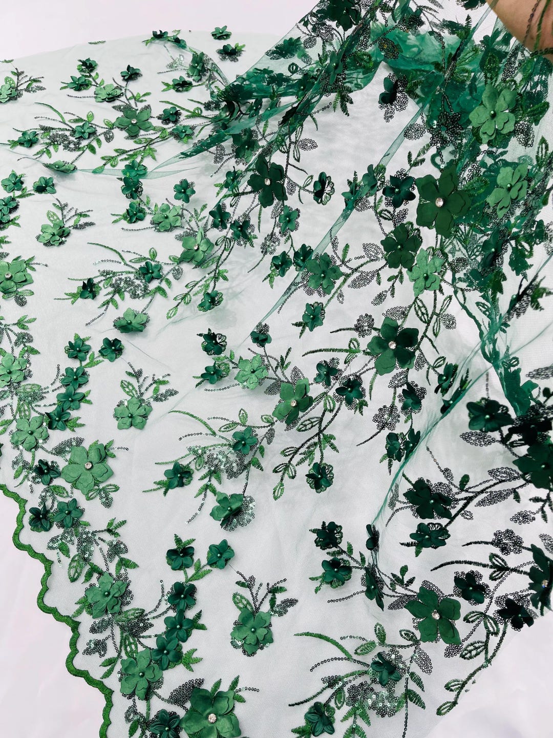 Hunter Green 3D Floral Lace Fabric Sequin: Embroidered With Pearls and ...