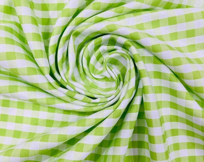 Lime Green & White Gingham Poly Cotton Fabric by Yard 1/4” Squares, Checkered Fabric