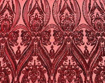 Burgundy Sequins - 4 Way Stretch Fancy Big Damask Design Sequins on Spandex Mesh Prom Gala Gown Fabric By The Yard