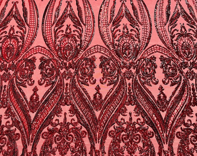 Burgundy Sequins - 4 Way Stretch Fancy Big Damask Design Sequins on Spandex Mesh Prom Gala Gown Fabric By The Yard
