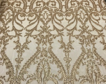 Matte Gold Sequin Damask Lace Fabric, 4-Way Stretch Mesh