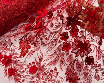Burgundy Glitter Floral Mesh, Glitter 3D Flower Sequin Fabric, Wedding Dresses & Quinseñera
