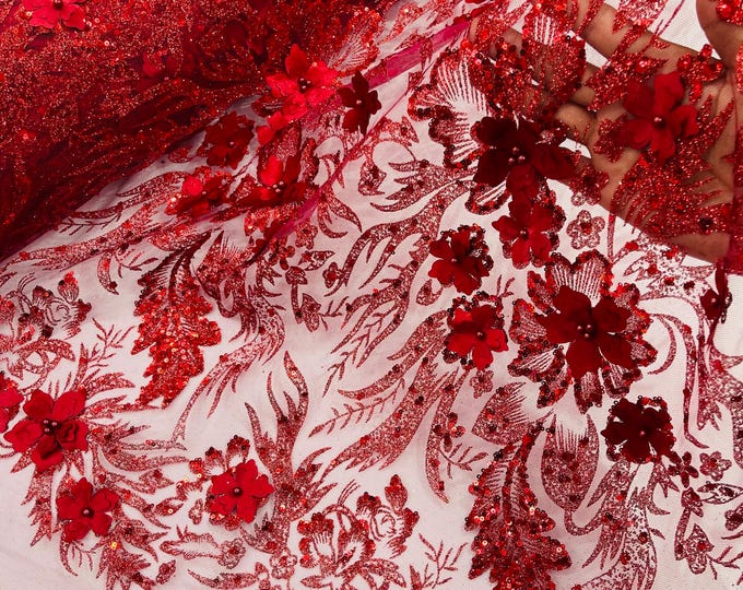 Burgundy Glitter Floral Mesh, Glitter 3D Flower Sequin Fabric, Wedding Dresses & Quinseñera