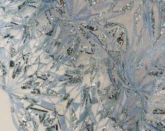 Baby Blue Beaded Fabric By Yard, Luxury Geometric Design Beads and Sequins, Beaded Fabric Embroidered on a Mesh Lace,Wedding,Bridal,Dress