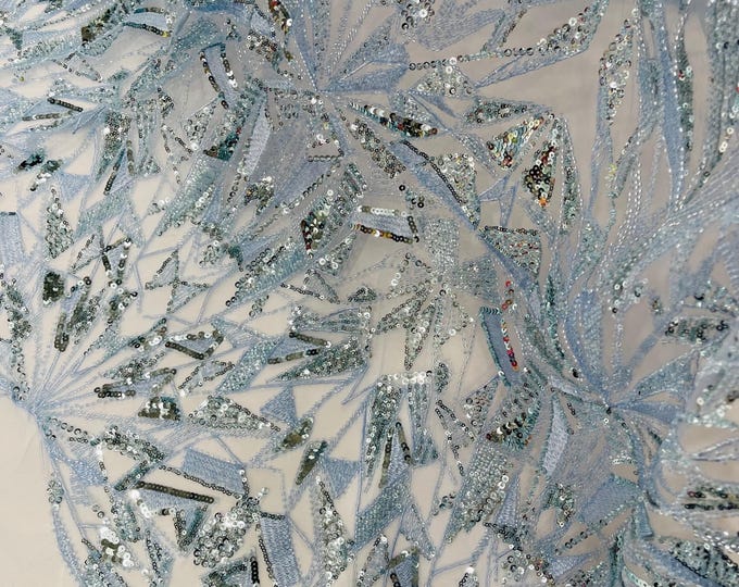 Baby Blue Beaded Fabric By Yard, Luxury Geometric Design Beads and Sequins, Beaded Fabric Embroidered on a Mesh Lace,Wedding,Bridal,Dress