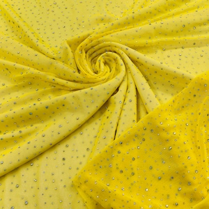 Yellow | AB Rhinestones Fabric On Yellow Power Mesh Polyester Spandex Fabric With Crystal Stones | AB Rhinestones Fabric sold by the yard