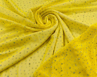 Yellow | AB Rhinestones Fabric On Yellow Power Mesh Polyester Spandex Fabric With Crystal Stones | AB Rhinestones Fabric sold by the yard