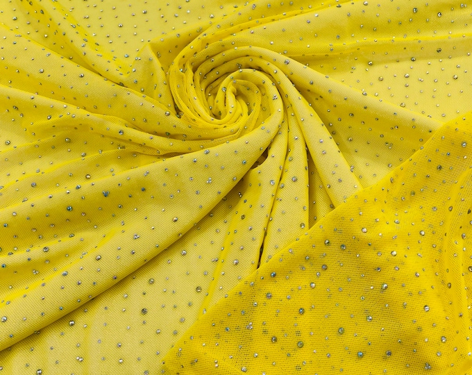 Yellow | AB Rhinestones Fabric On Yellow Power Mesh Polyester Spandex Fabric With Crystal Stones | AB Rhinestones Fabric sold by the yard