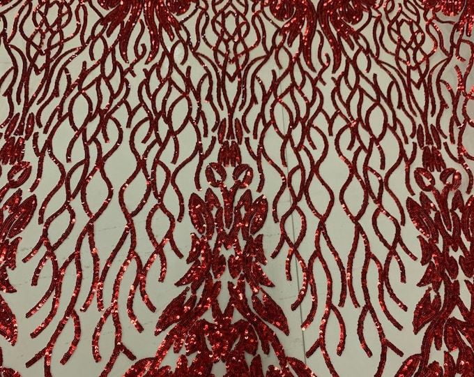 Red Sequins Lace Fabric On Nude Mesh, DAMASK Design Embroidered On a Mesh 4 way Stretch Sequin By The Yard -Prom-Gown ( Choose The Size )