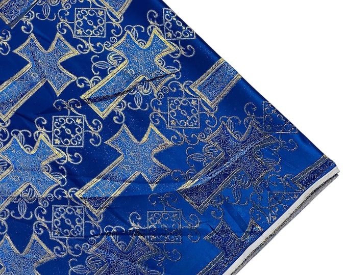 Royal Gold Liturgical Metallic Cross Brocade Fabric By The Yard, Religious Brocade, Cross Brocade Jacquard, Ecclesiastical Jacquard-Church