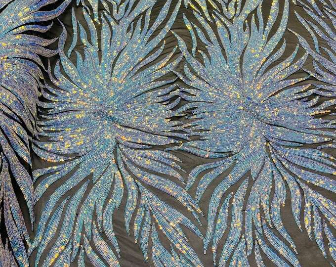 New Blue Iridescent Sequin Fabric 4 Way Stretch Phoenix Wing Sequin Spandex Mesh Fabric for Prom Gala Gown Sold By Yard