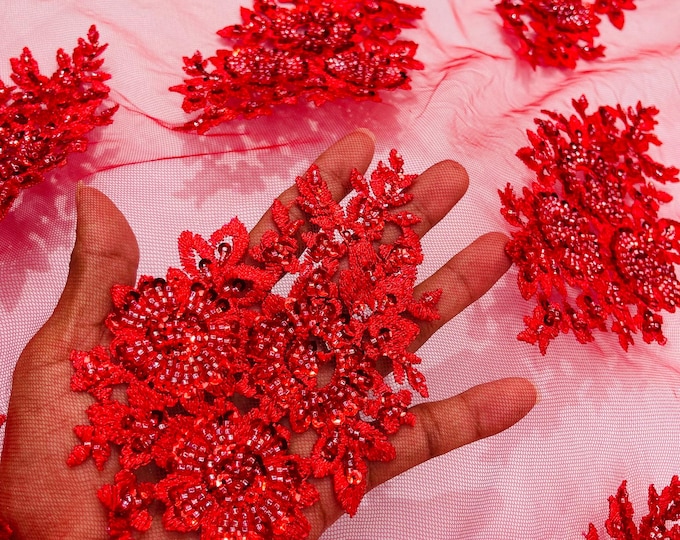 Red Beaded Lace Fabric: Embroidered Mesh, Bridal Wedding Dress - Sold By The Yard