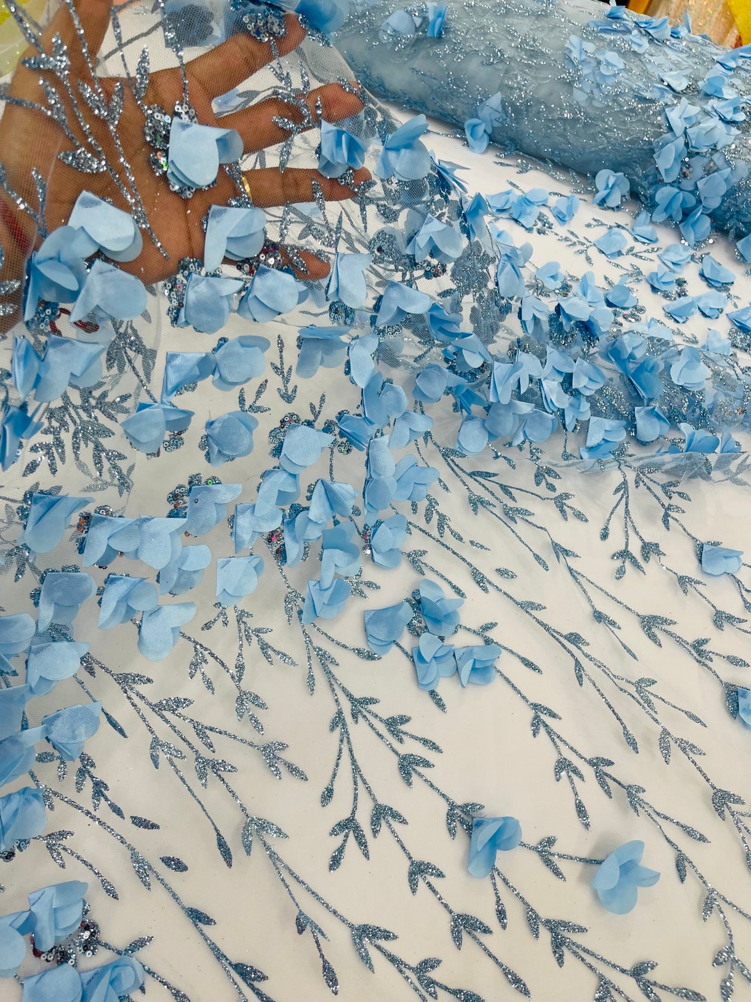 Baby Blue 3D Flower Sequin Fabric, Glitter Floral Mesh, Wedding Dress ...
