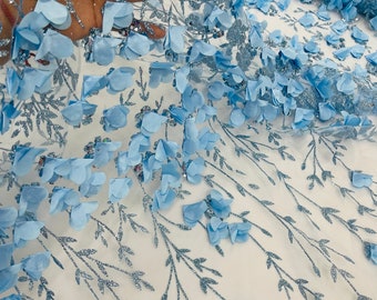 Baby Blue 3D Flower Glitter Sequin Fabric by the yard, Baby Blue 3D Floral Glitter Sequin On Mesh for wedding dress Quinceañera