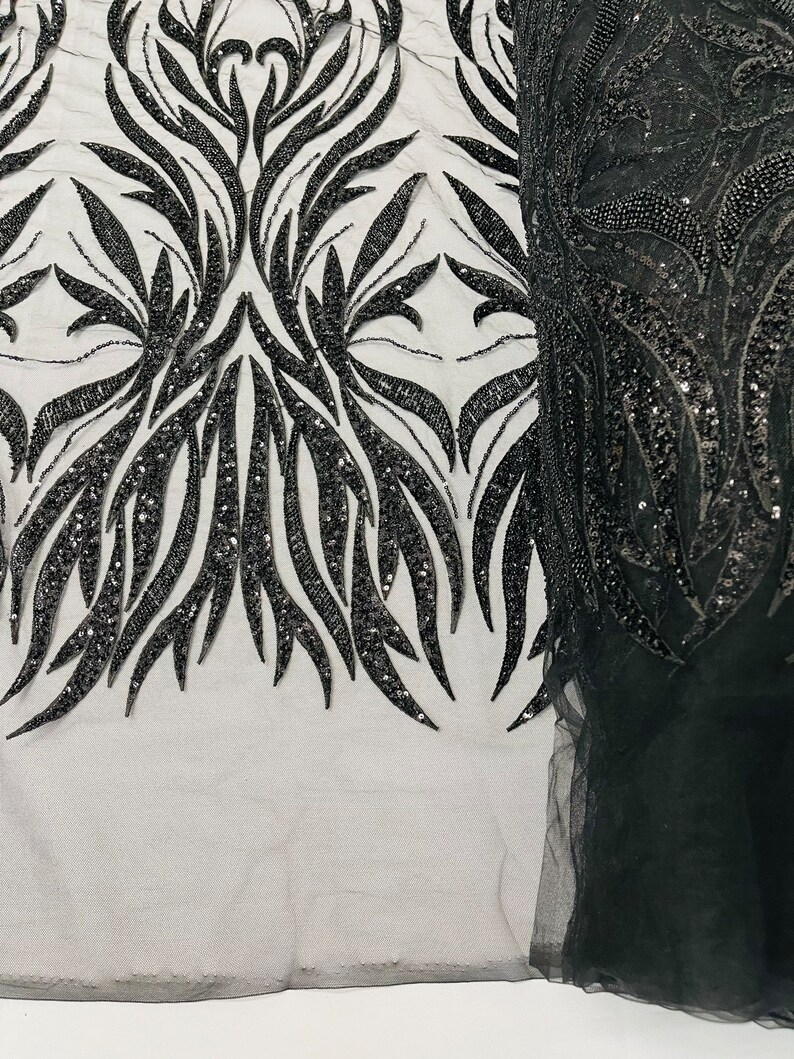 Black Beaded Fabric by the Yard Damask Design Embroidered Etsy